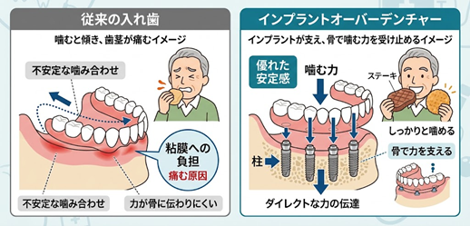 インプラントオーバーデンチャーと従来の入れ歯の違い
